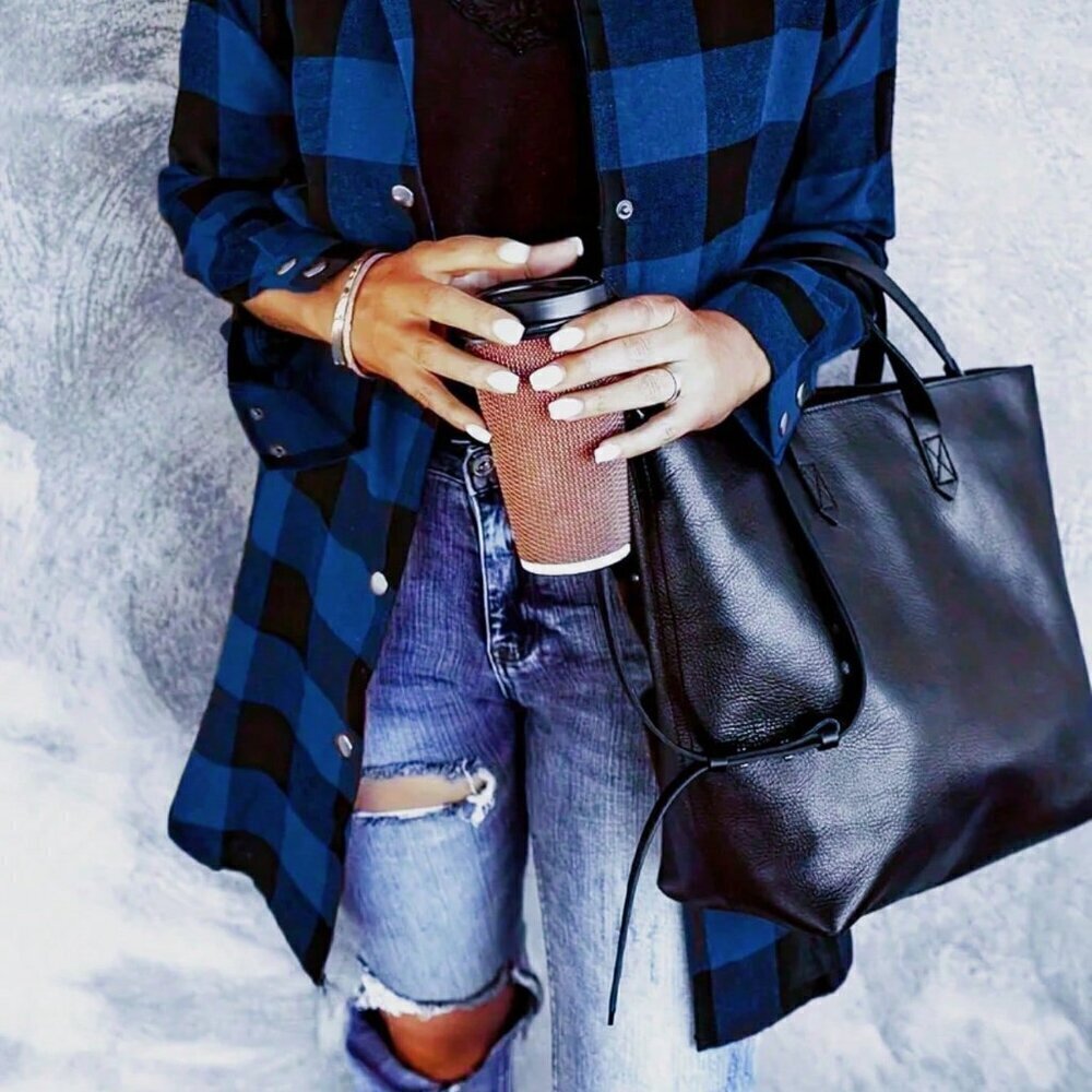 Blue Casual Women's Plaid Long Sleeve Loose Casual Blouse - Picture 2 of 3